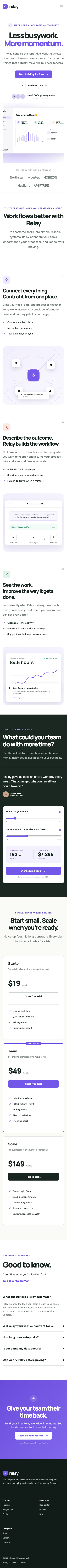 Full-page mobile capture at 390px of the Relay landing page Codex produced, showing stacked navigation, hero, features, ROI calculator, pricing, and footer.
