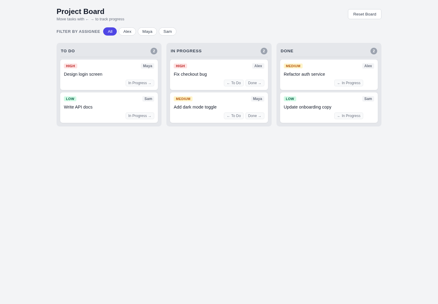 Desktop screenshot of the Direct arm's responsive Project Board with To Do, In Progress, and Done columns