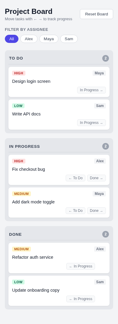 Mobile screenshot of the Direct arm's Project Board with stacked columns and task movement controls