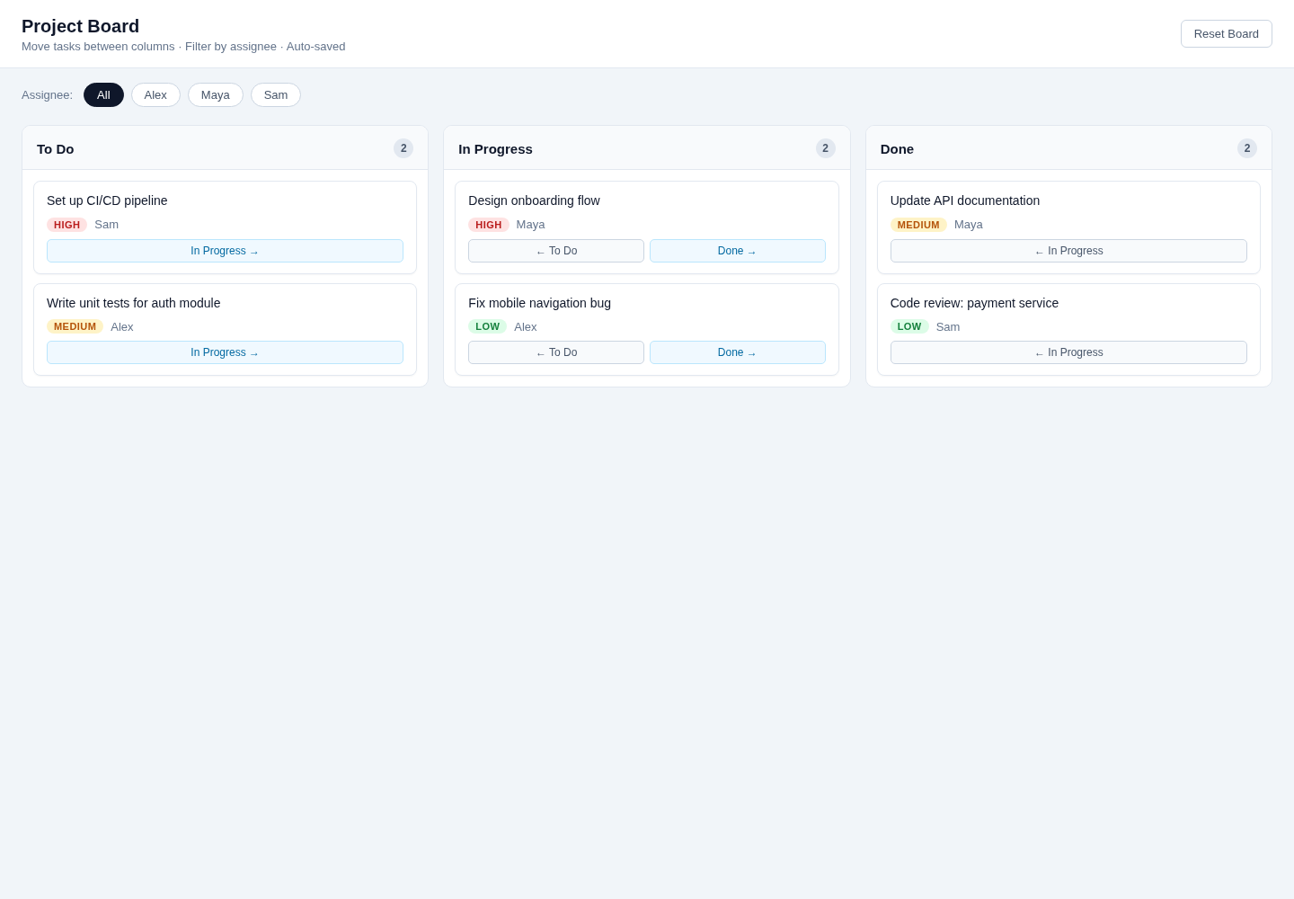 Desktop screenshot of the native Plan Mode arm's responsive Project Board with three task columns