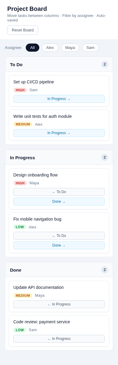 Mobile screenshot of the native Plan Mode arm's Project Board with stacked columns and full-width movement controls