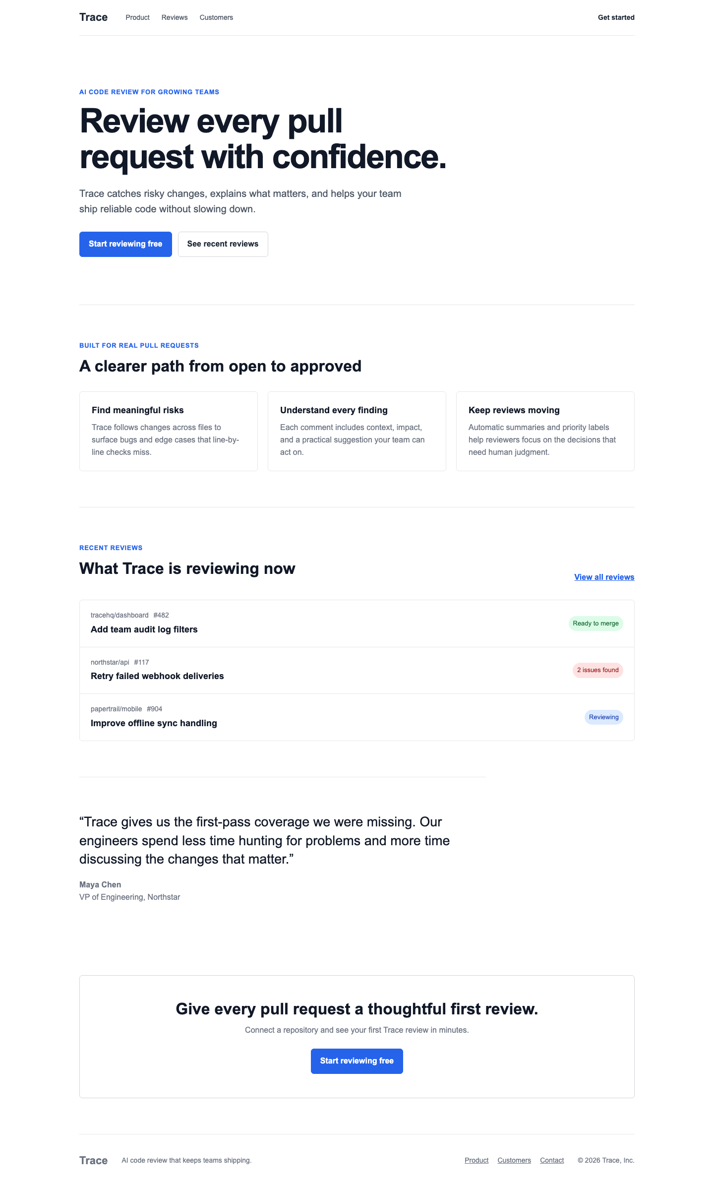 Desktop screenshot of the frozen Trace baseline, a competent but visually plain AI code-review product page with a text-only hero, basic benefit cards, review rows, testimonial, and final CTA.