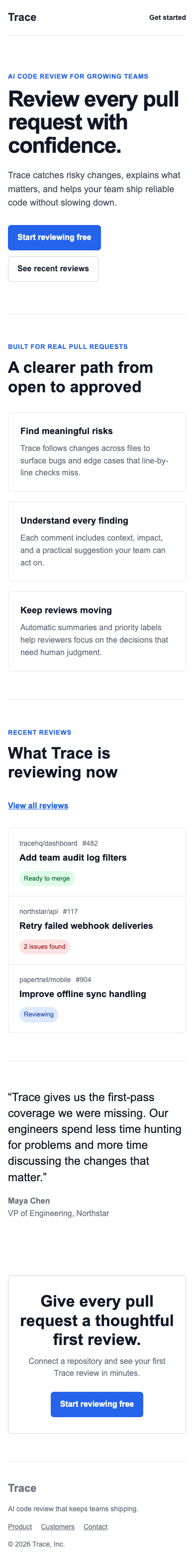 Mobile screenshot of the frozen Trace baseline with stacked hero actions, single-column benefit cards, stacked review rows, testimonial, and final CTA.