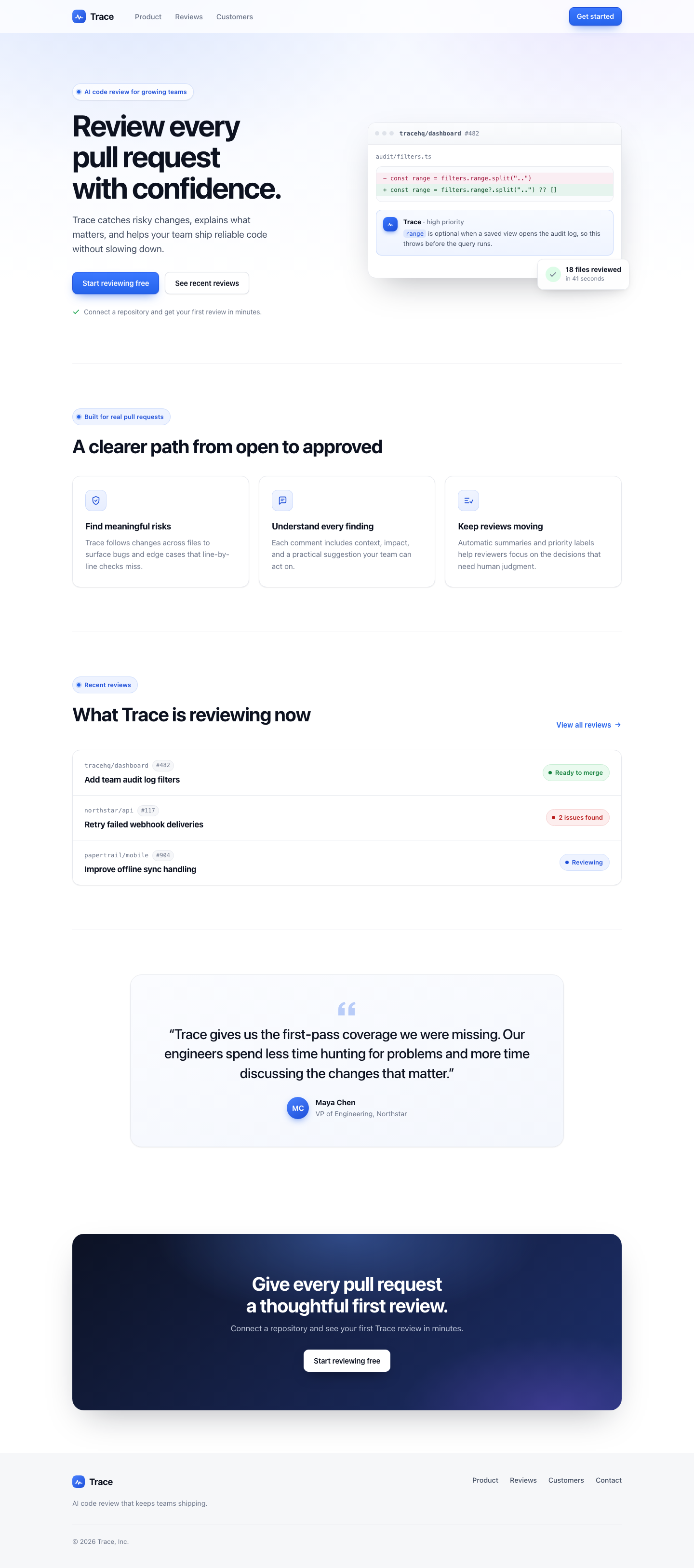 Desktop screenshot of Claude Code's Trace redesign, with a restrained blue hero, realistic inline code-review mockup, icon-led benefit cards, review list, testimonial card, and dark blue CTA.