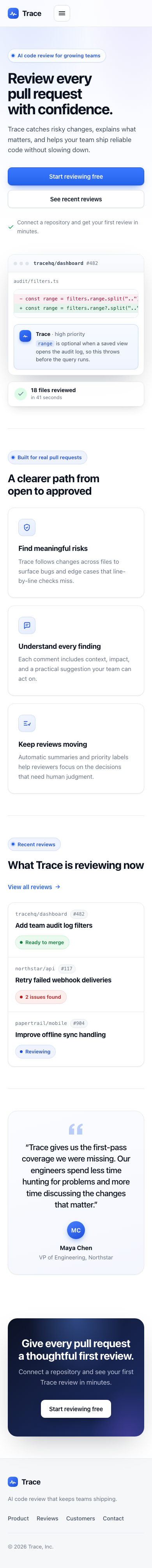 Mobile screenshot of Claude Code's Trace redesign showing its mobile header, stacked hero and review mockup, readable benefit cards and review rows, testimonial, CTA, and footer.