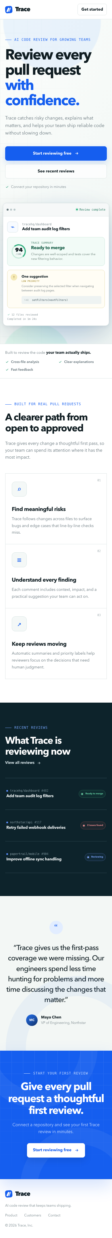 Mobile screenshot of Codex's Trace redesign showing its stacked hero and product preview, benefits, dark recent-reviews section, testimonial, full-width blue CTA, and footer.
