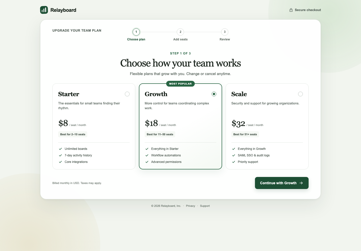 Desktop screenshot of Codex's Relayboard Upgrade Team Plan flow built without the frontend skill, in a single largely monolithic 263-line page component.