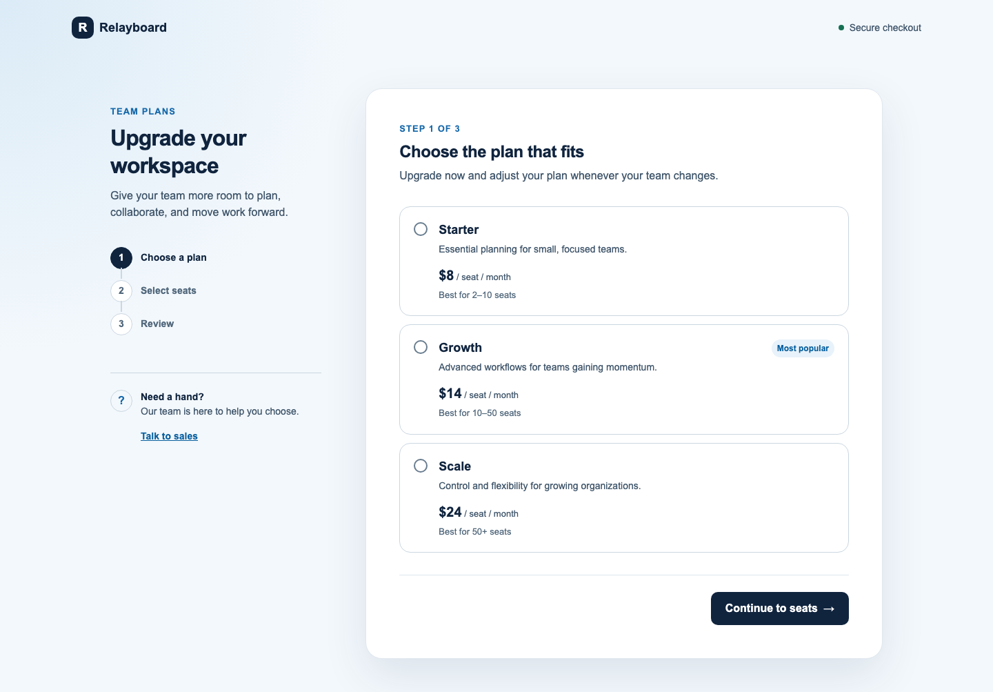 Desktop screenshot of Codex's Relayboard Upgrade Team Plan flow built without the frontend skill, in a single largely monolithic 263-line page component.