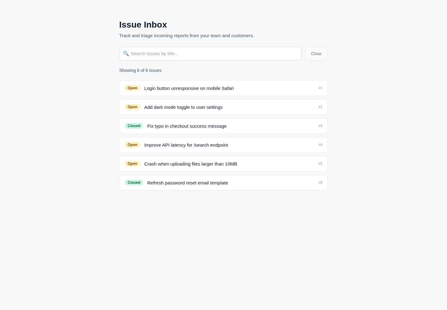 Desktop screenshot of the responsive Issue Inbox MiniMax built, showing the search field, Clear button, live six-of-six count, and six seeded issue rows.