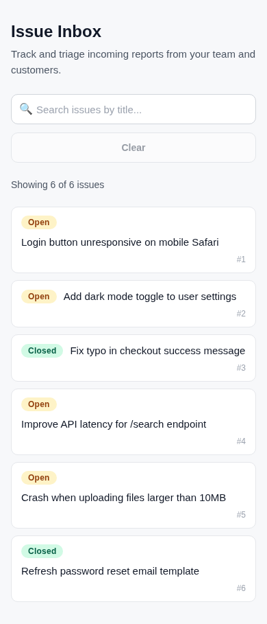 Mobile screenshot of the Issue Inbox MiniMax built, with the search controls stacked above six responsive issue rows.